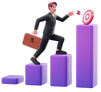 Illustration of a man climbing rising bar chart columns holding a briefcase, representing career growth