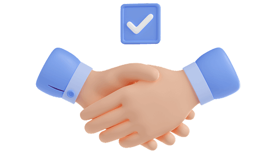 Illustration of two hands shaking with a checkmark badge above, representing successful end-to-end assistance