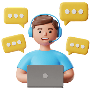Illustration of a student at a laptop surrounded by speech bubbles, representing post-enrollment support