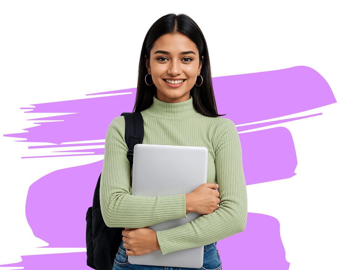 Student smiling by hoding the