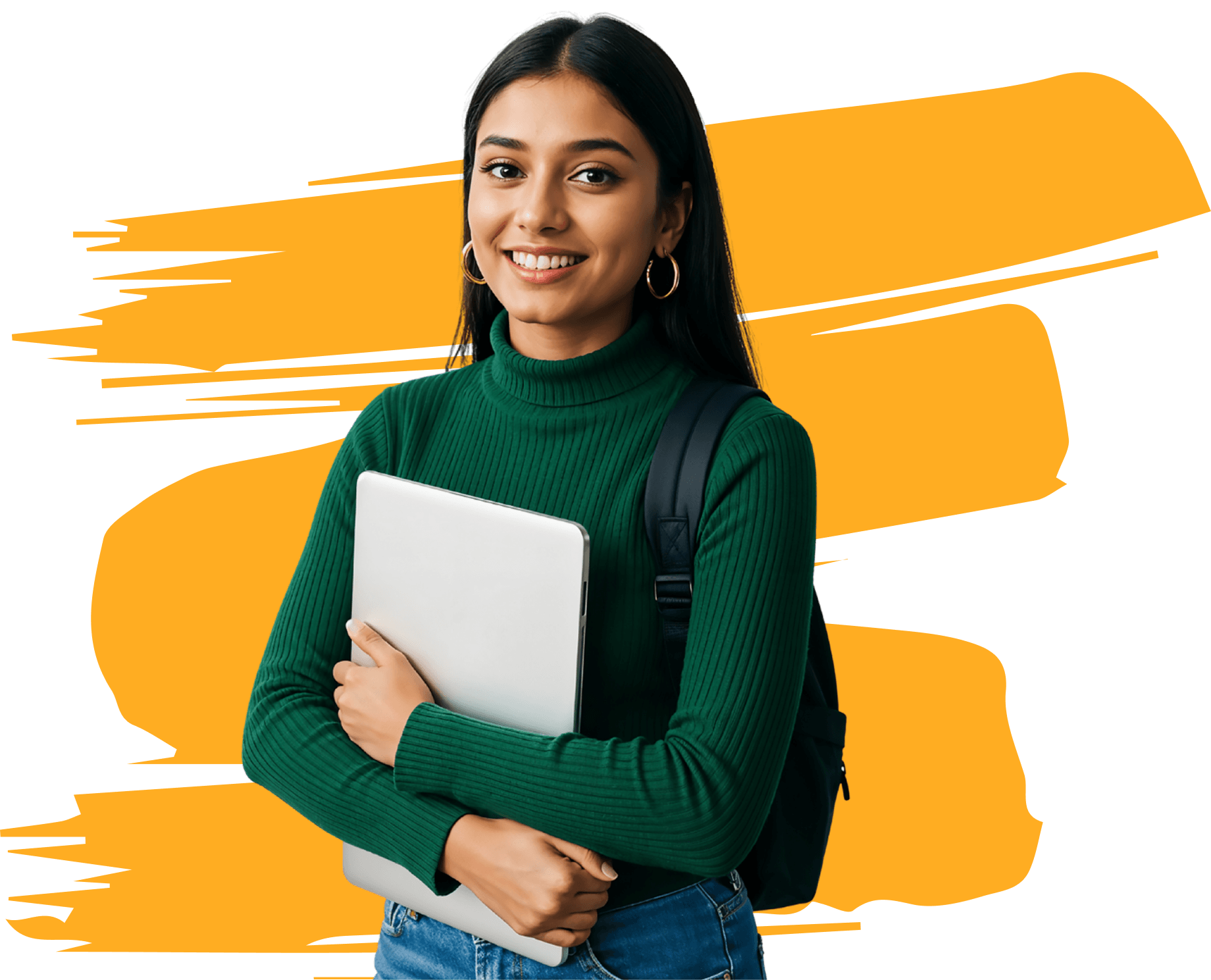 Student smiling with headphones and books