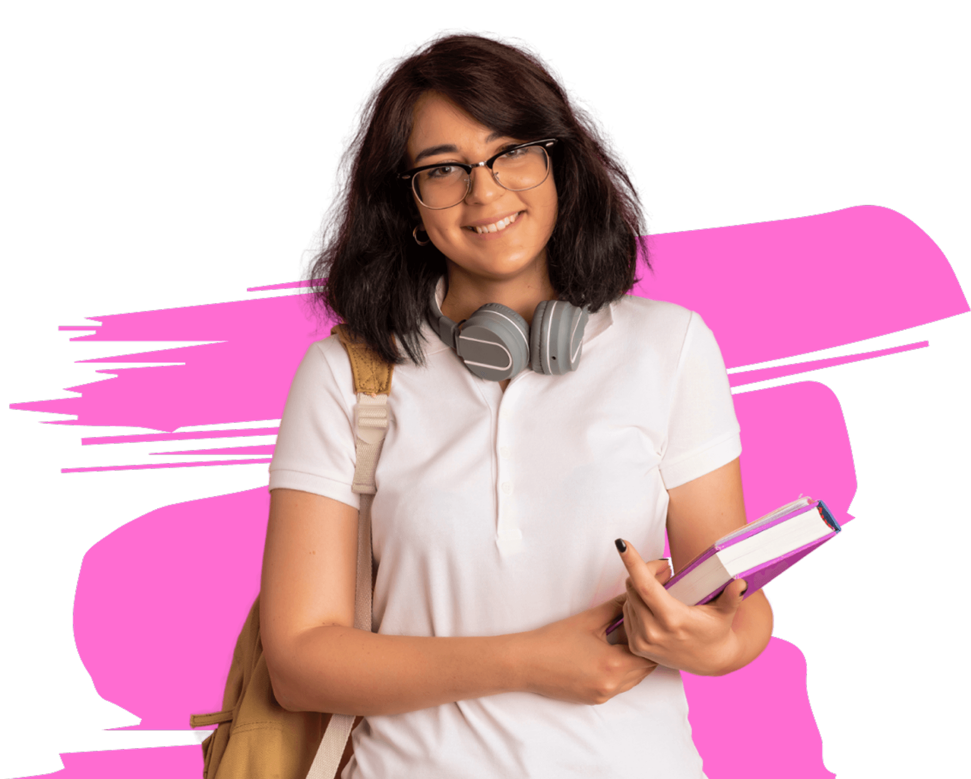Student smiling with headphones and books
